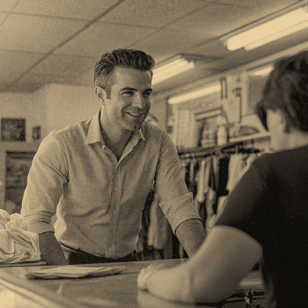 A well-dressed man with a smug smirk leans on the counter of a dry-cleaning shop, talking to the owner.