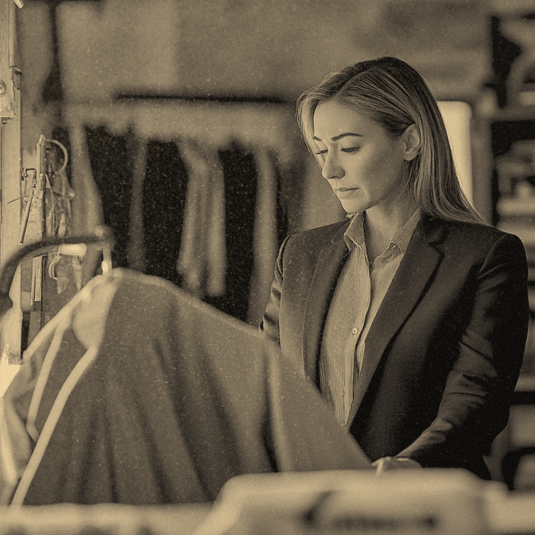 A poised woman in a tailored blazer stands at the dry-cleaning counter, her expression serious as she looks at the garment in front of her.