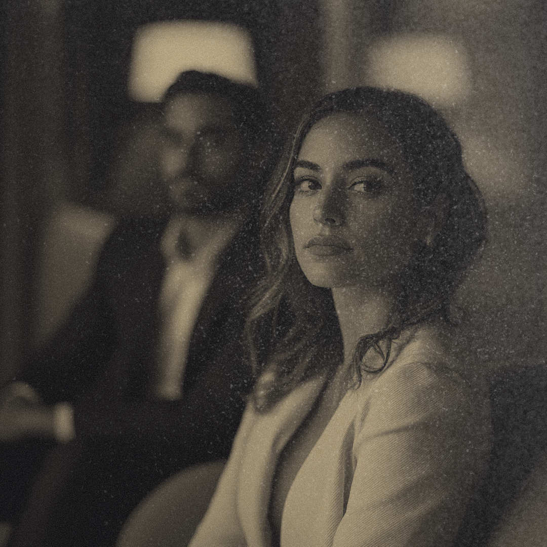 A poised young woman sitting on a couch. Next to her in the blurred background is a man wearing a suit.
