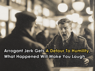 A man in business attire standing at a train station counter, shouting in frustration at an attendant.