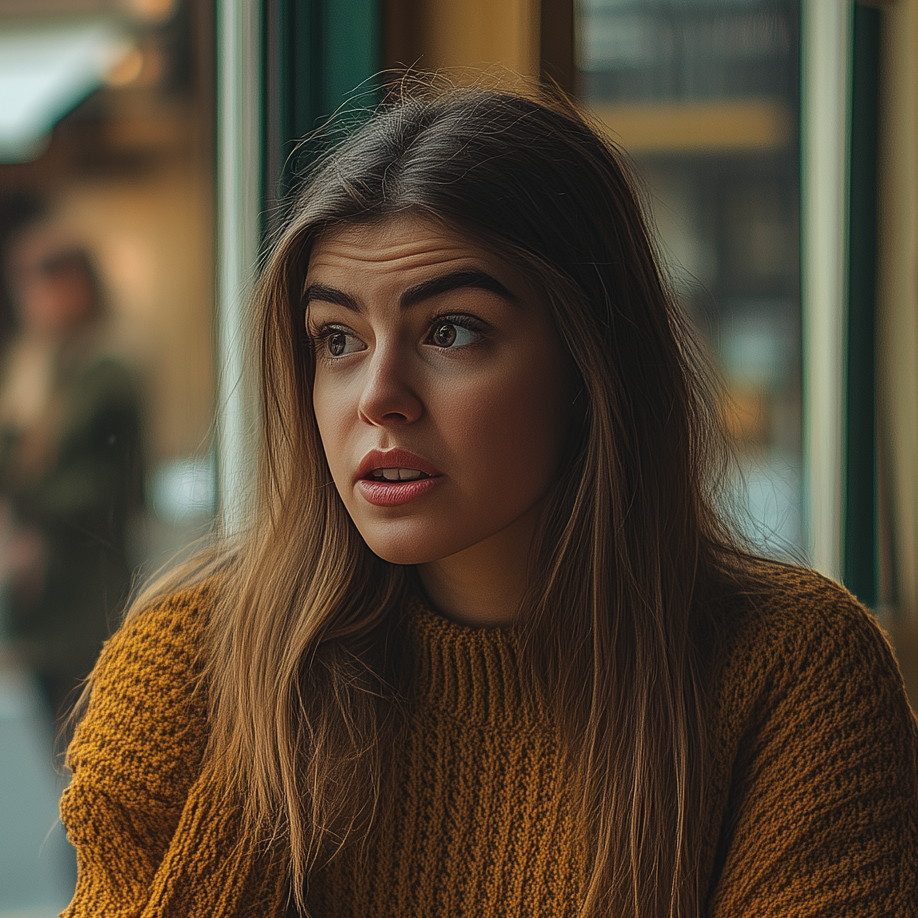 A woman with eyes wide with shock, her expression filled with disappointment while looking at someone across her.