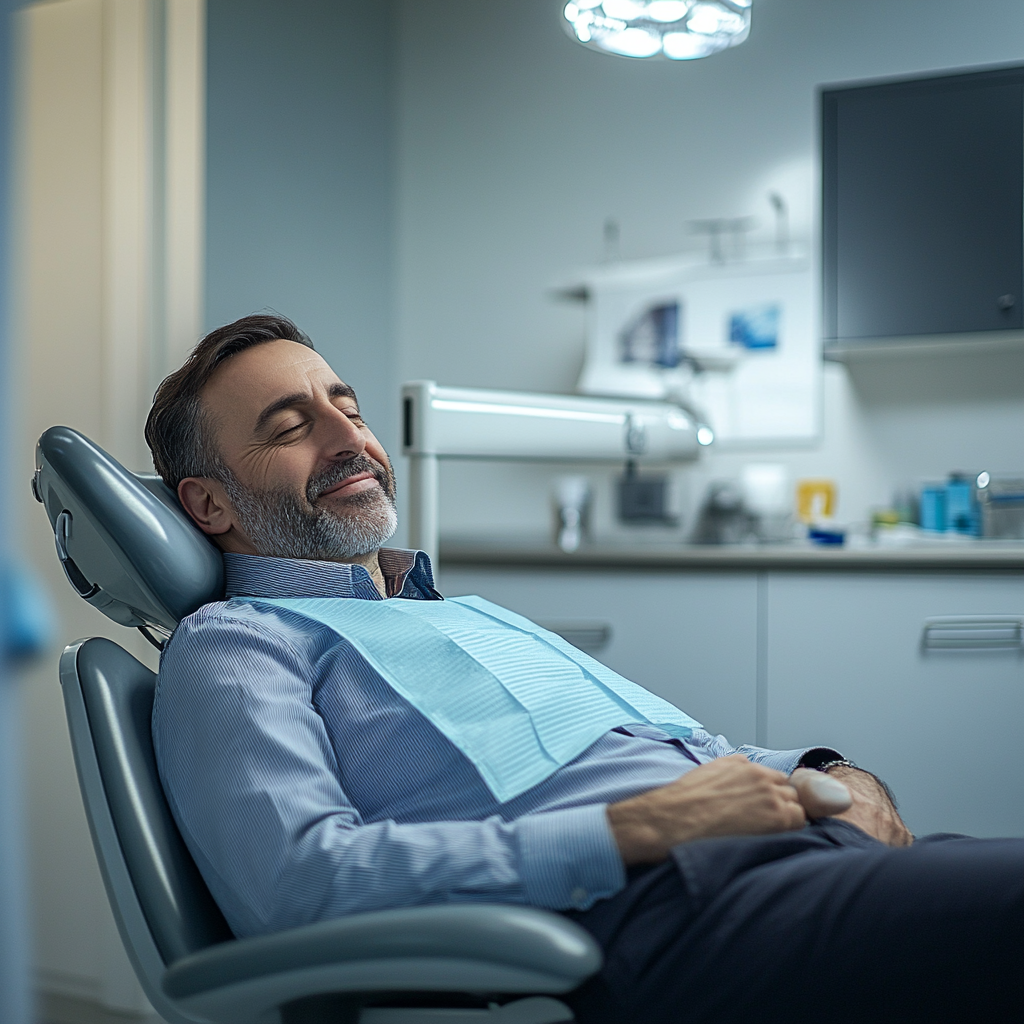 A businessman reclining in the dentist’s chair inside a clinic.