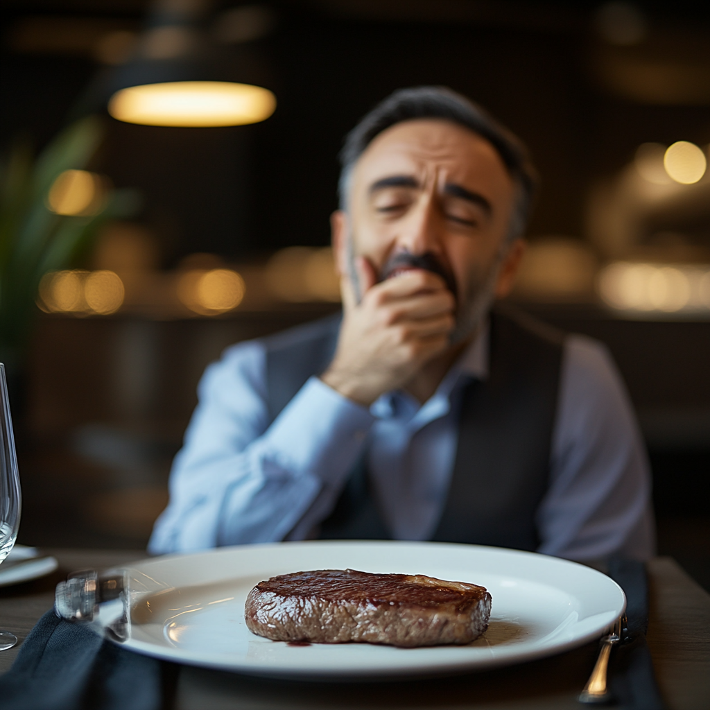 A businessman with his hand over his mouth, his face in pain because of a toothache. In front of him is a steak.