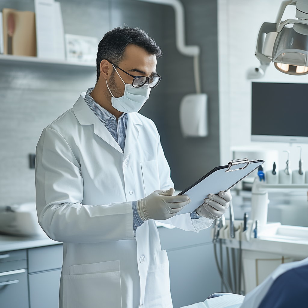 A dentist wearing a crisp white coat and gloves stands beside a patient in a modern dental office. His eyes glance at a clipboard.