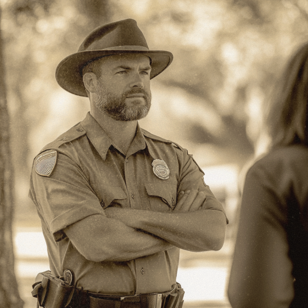 A park ranger stands with arms crossed talking to someone not seen in the shot.