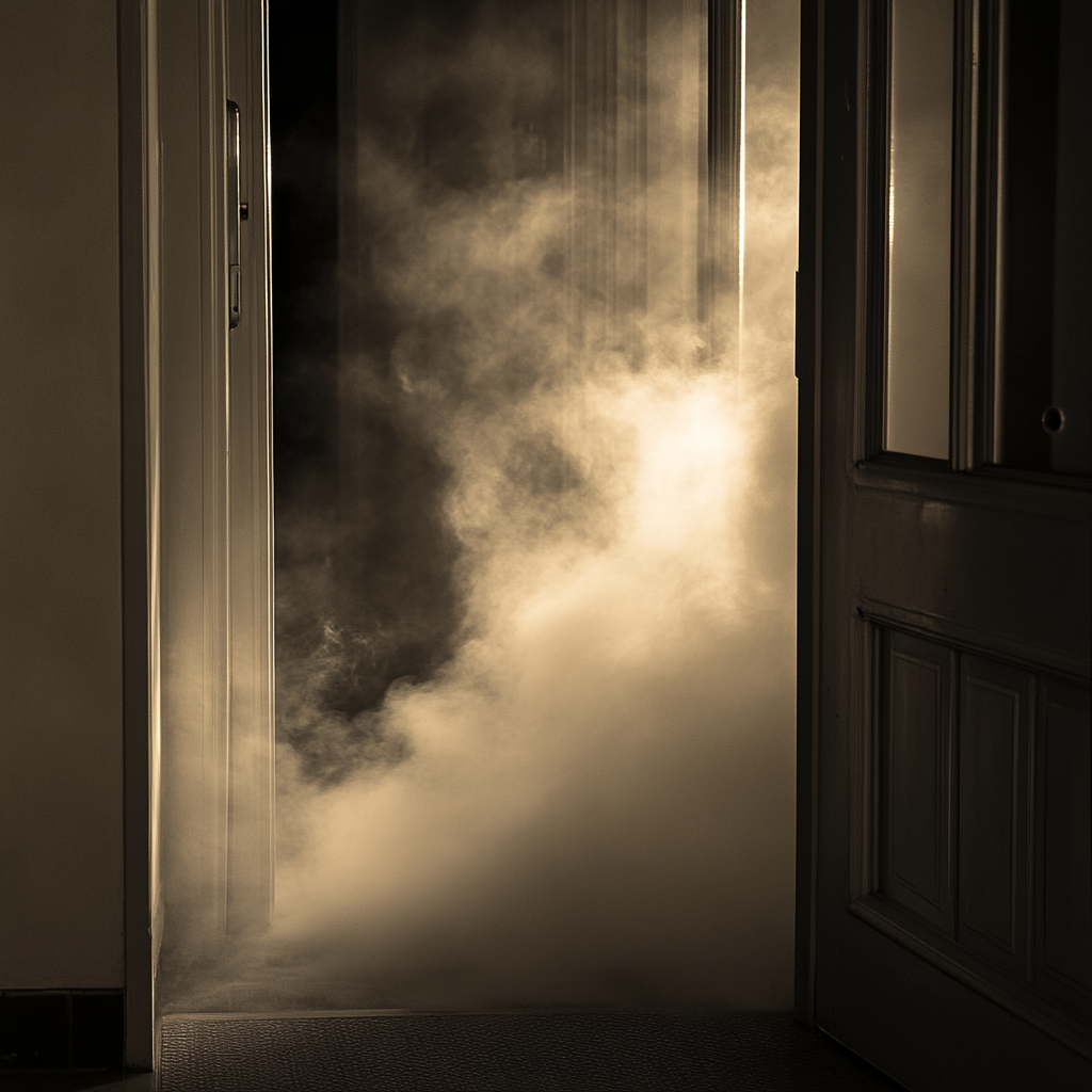 Thick smoke coming out the door of an apartment.