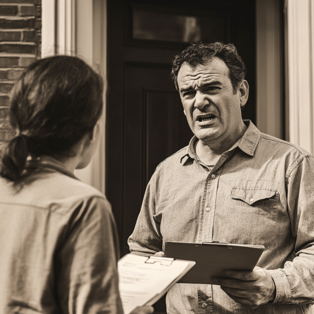 An angry man stands outside an apartment building, arguing with a woman holding a clipboard.
