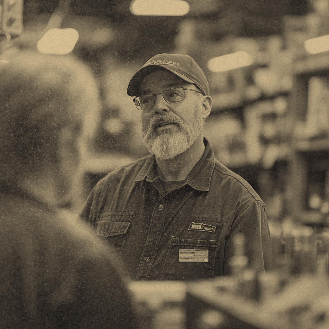 A hardware store owner stands behind the counter, talking to a customer.