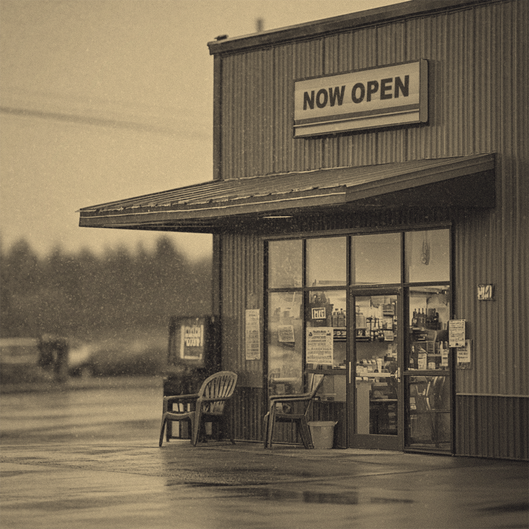 Storefront of a small-town hardware store, with a sign that says ‘NOW OPEN’ above the entrance.