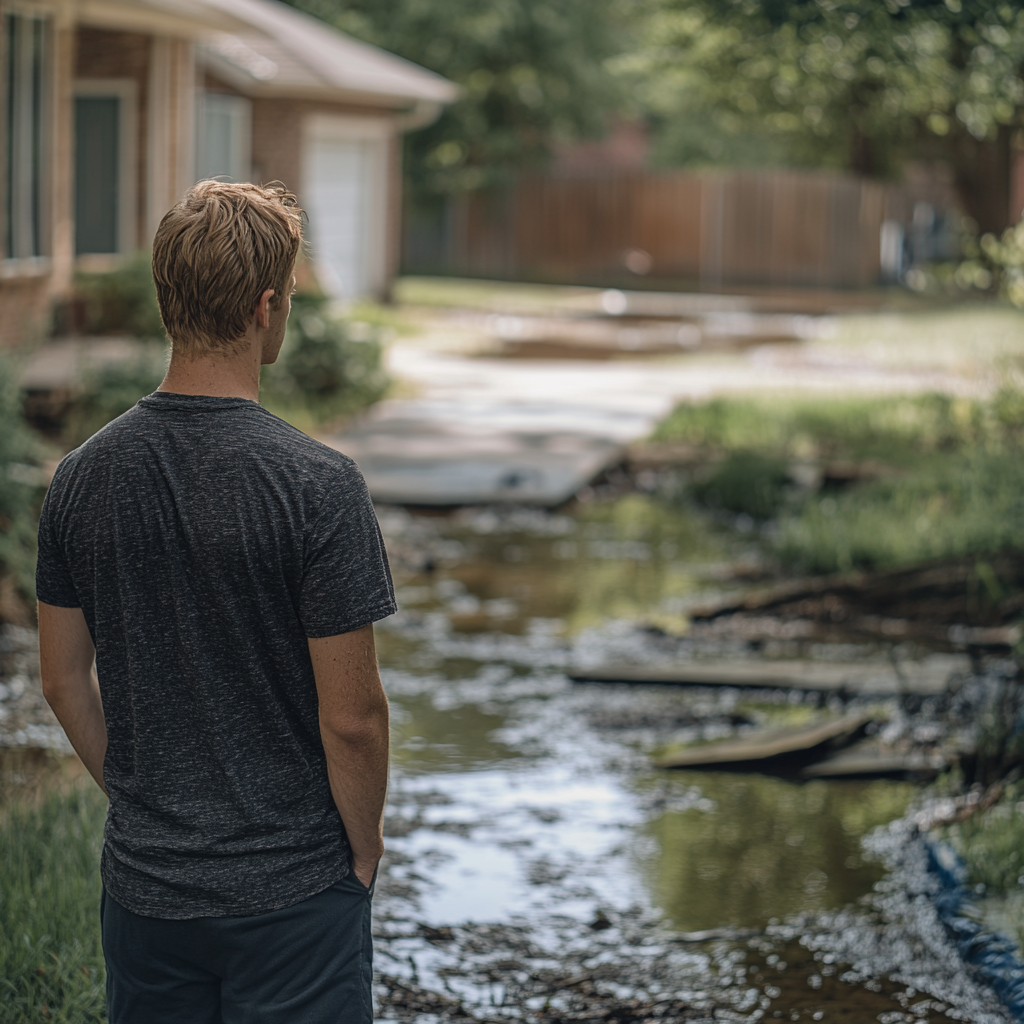 A man with short blonde hair stands in his flooded yard at a suburban neighborhood, staring at a stagnant pool of water where grass once thrived.